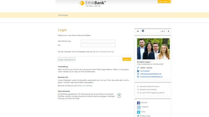 EthikBank Login: Screenshot der Webseite https://www.ethikbanken.de/ptlweb/WebPortal?bankid=2728e