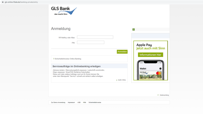 GLS Bank Login: Screenshot der Webseite https://www.gls-online-filiale.de/banking-private/entry