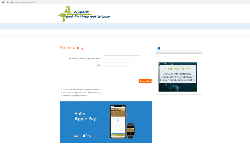 Sicheres KD-Bank Login: Screenshot der Webseite https://www.kd-bank.de/banking-private/entry