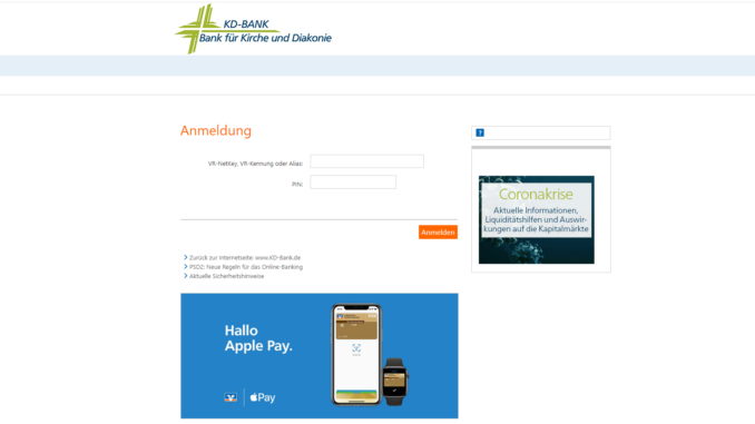 Sicheres KD-Bank Login: Screenshot der Webseite https://www.kd-bank.de/banking-private/entry