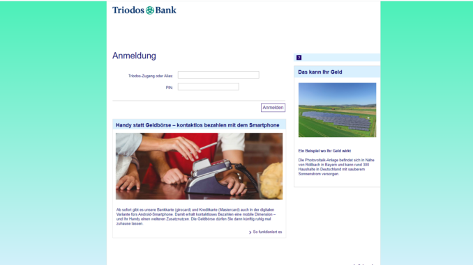 Triodos Login Bereich: Screenshot der Webseite https://www.triodos-banking.de/banking-private/entry