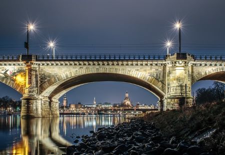 Brücke und Stadt Dresden im Hintergrund: Überbücken Sie finanzielle Engpässe mit Hilfe eines im Leihhaus Dresden aufgenommenen Pfandkredits