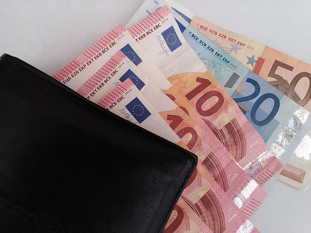Schwarze Geldbörse und verschiedene Euro-Banknoten auf einem Tisch: Sie möchten endlich wieder Geld in Ihrer Börse haben? Beantragen Sie noch heute einen günstigen 9000 Euro Kredit online!