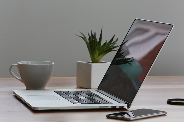 Tasse Kaffee, Pflanze, Laptop und Smartphone auf einem Tisch: Wenn Sie einen fairen Kredit benötigen, dann können Sie bequem von Zuhause aus den DSL Bank Kredit online beantragen!